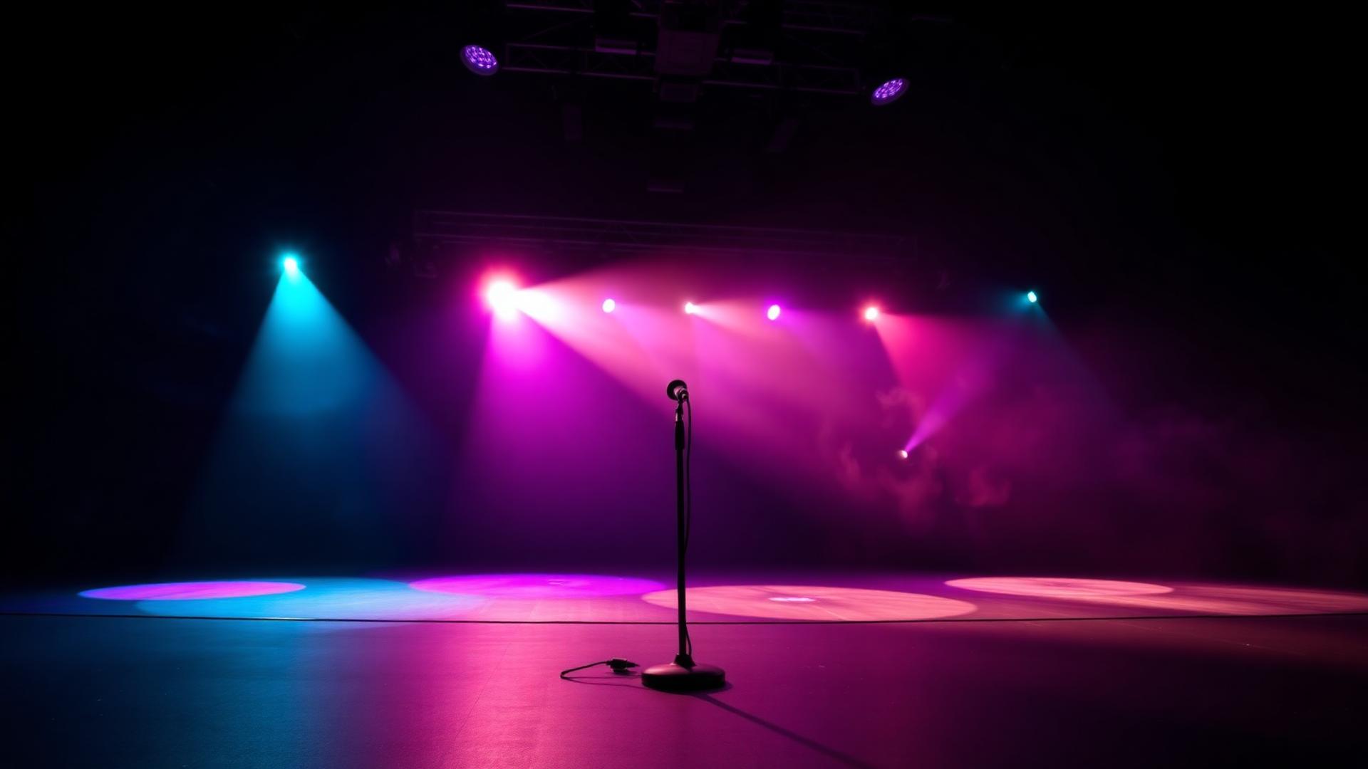 Stage lit in purple and teal awaiting performers